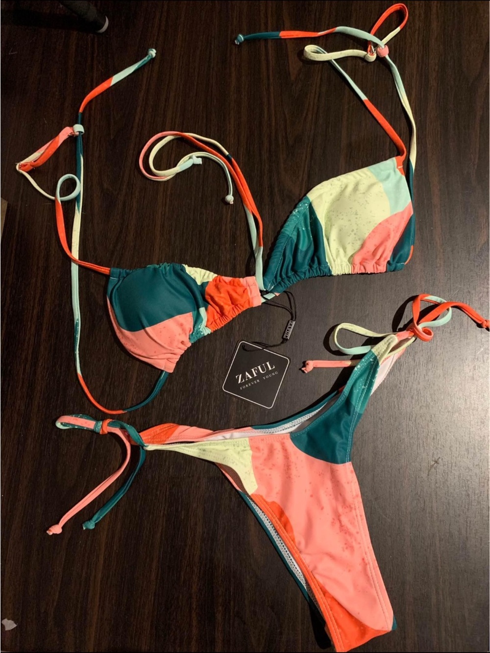 Zaful Triangle Tie-Side Bikini in Coral, Teal & Cream
